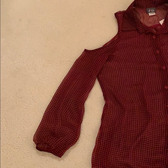 Cold Shoulder Buffalo Plaid Sheer Blouse - Picture 7 of 8